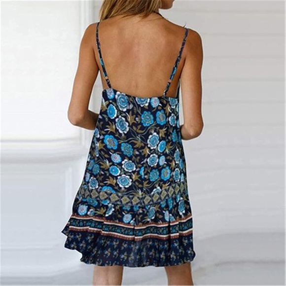 Boho Blue Floral Strappy Ruffle Hem Summer Mini Sundress S Coastal Dainty Beach - Picture 2 of 9